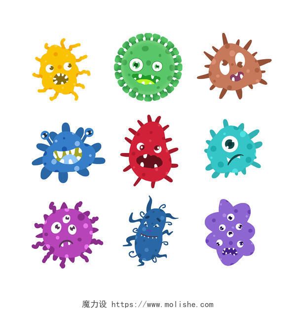 卡通手绘病毒小怪兽微生物医疗元素png免扣细菌元素